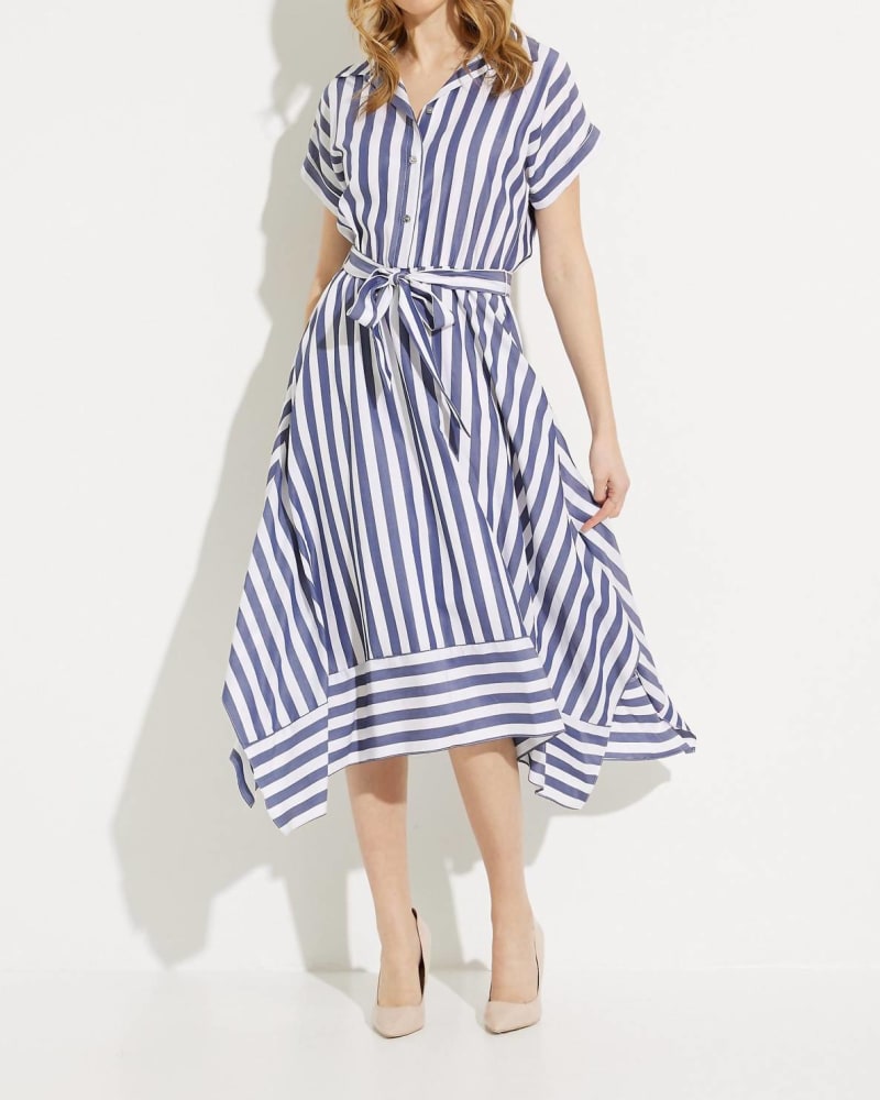 Front of a model wearing a size 10 Striped Shirt Dress In Blue/White in Blue/White by Joseph Ribkoff. | dia_product_style_image_id:346143